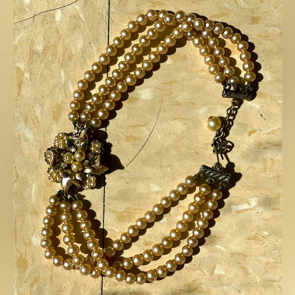 Original by Robert Triple Strand Pearl Flower 💛 Choker with Gold Accents
